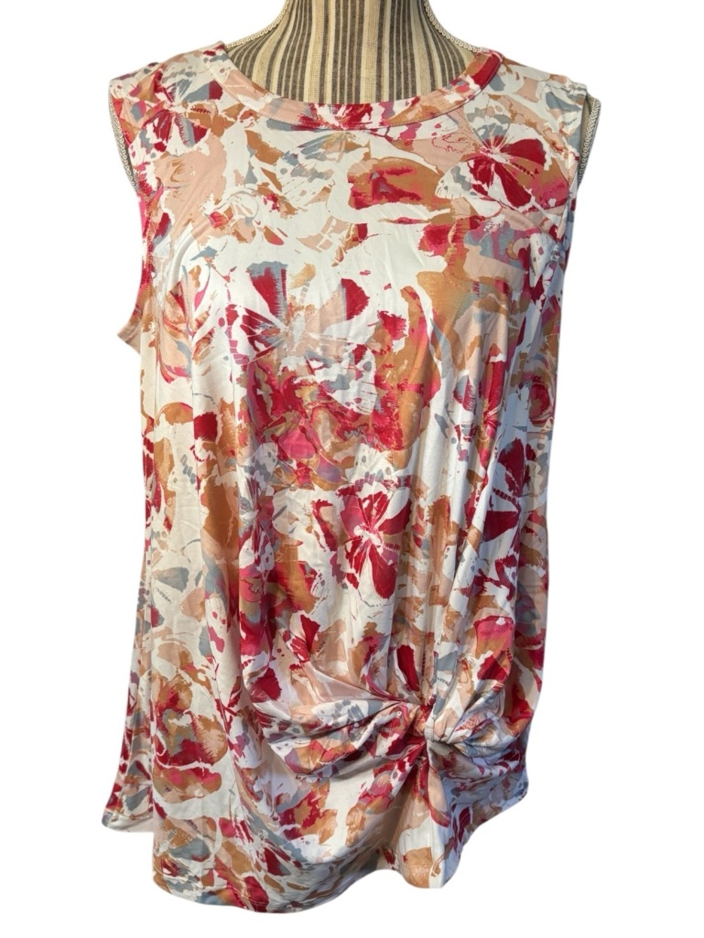 NWT Laila Ali Top Medium Sleeveless Knot-Front Floral Tunic White Pink Tan Soft
